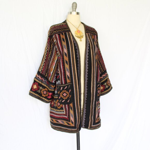 Johnny Was BIYA JWLA Cardigan wrap Jacket coat kimono Embroidered Aztec tribal L - Picture 4 of 10